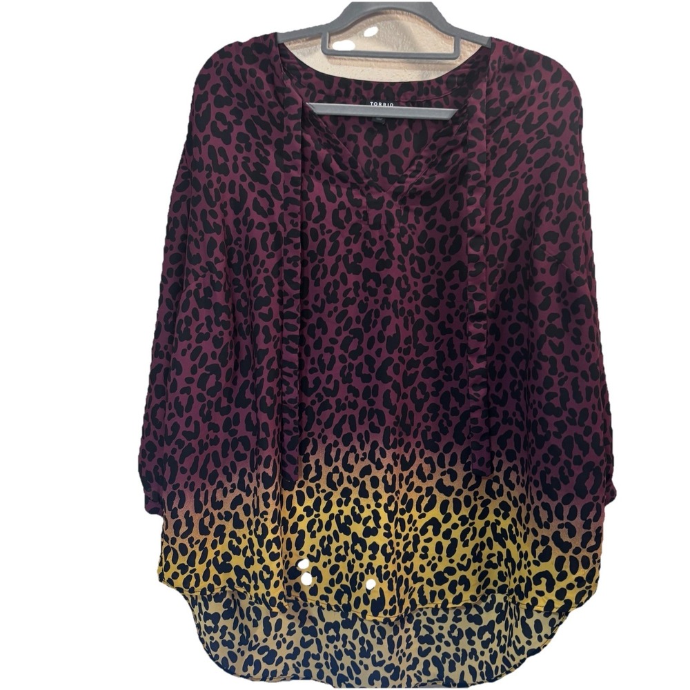 Torrid Red Yellow Leopard Print High Low Trendy Plus Size Blouse Top‎ Plus 2X